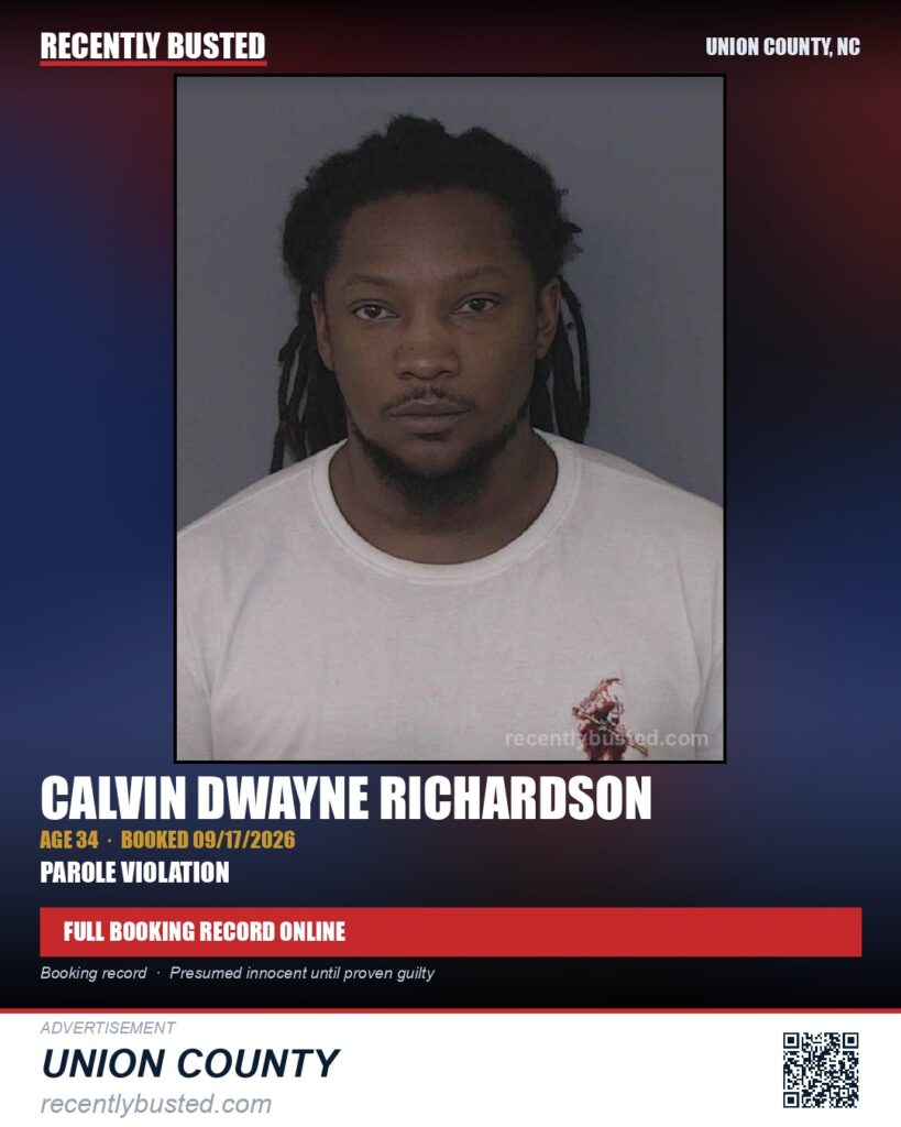 RICHARDSON, CALVIN DWAYNE — arrest record card, Union County, North Carolina