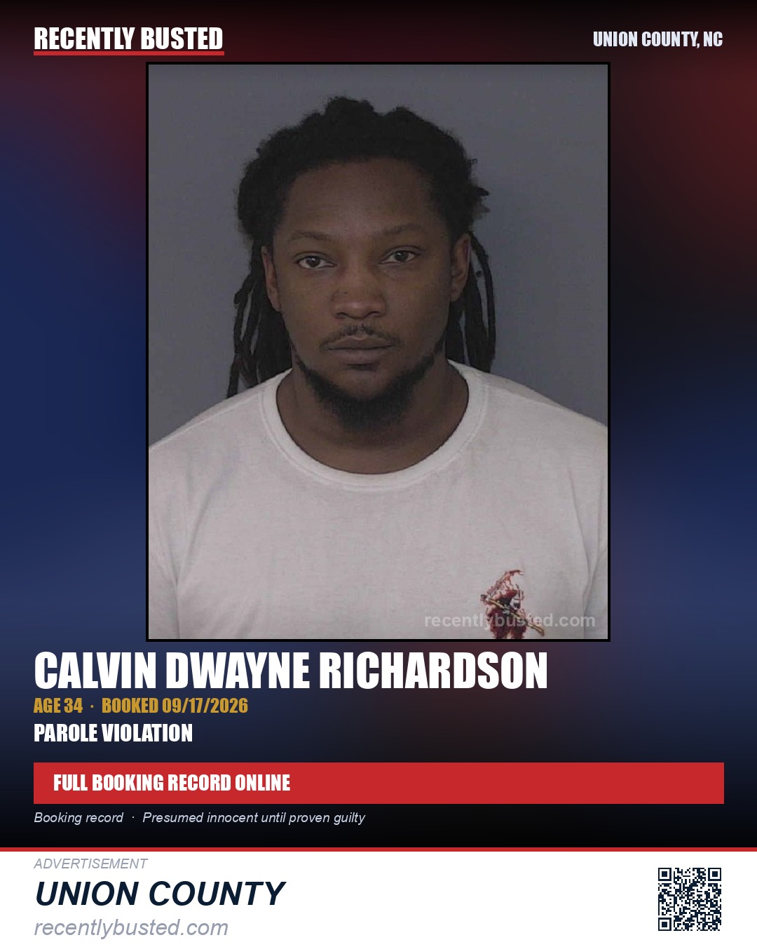RICHARDSON, CALVIN DWAYNE — arrest record card, Union County, North Carolina