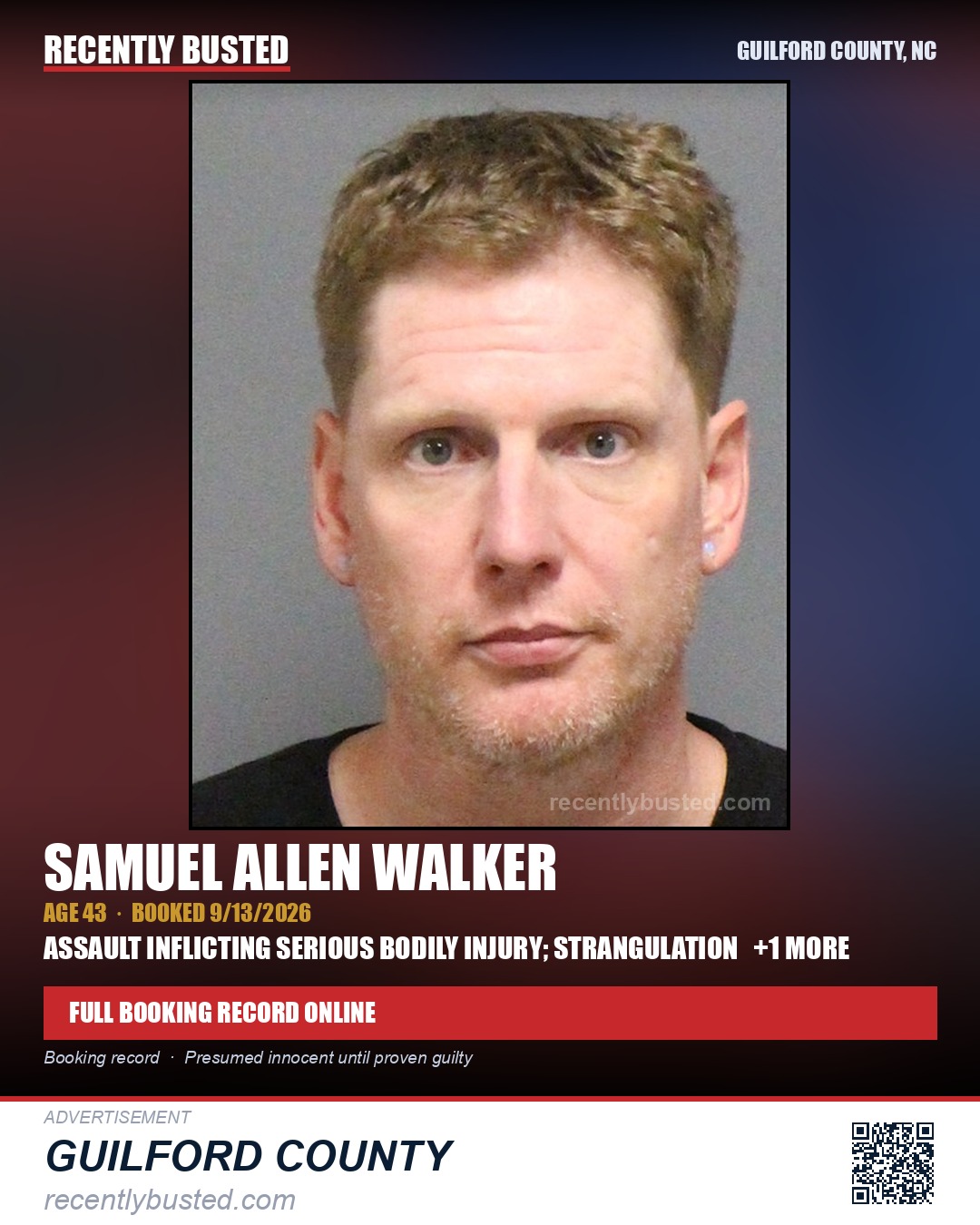 SAMUEL ALLEN WALKER — arrest record card, Guilford County, North Carolina