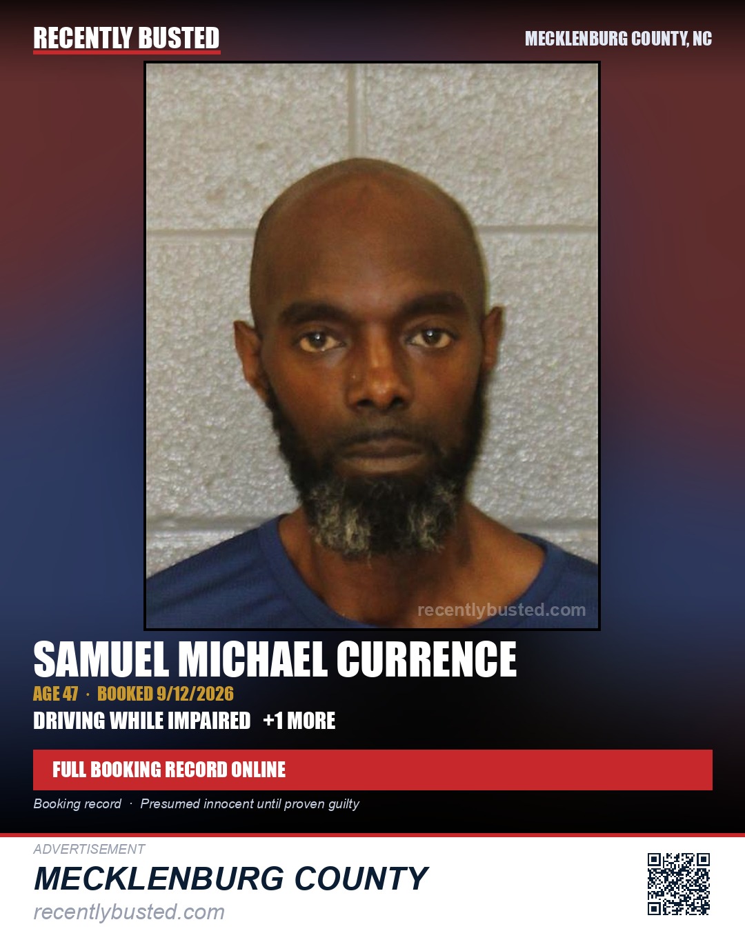 SAMUEL MICHAEL CURRENCE — arrest record card, Mecklenburg County, North Carolina