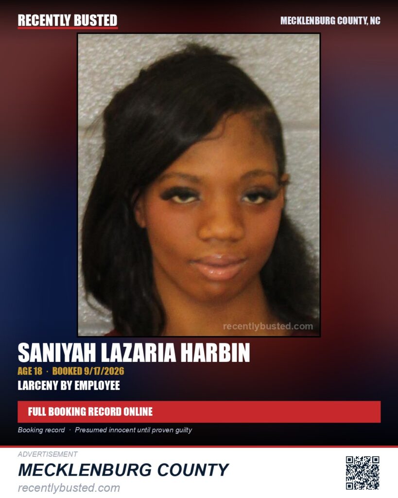SANIYAH LAZARIA HARBIN — arrest record card, Mecklenburg County, North Carolina