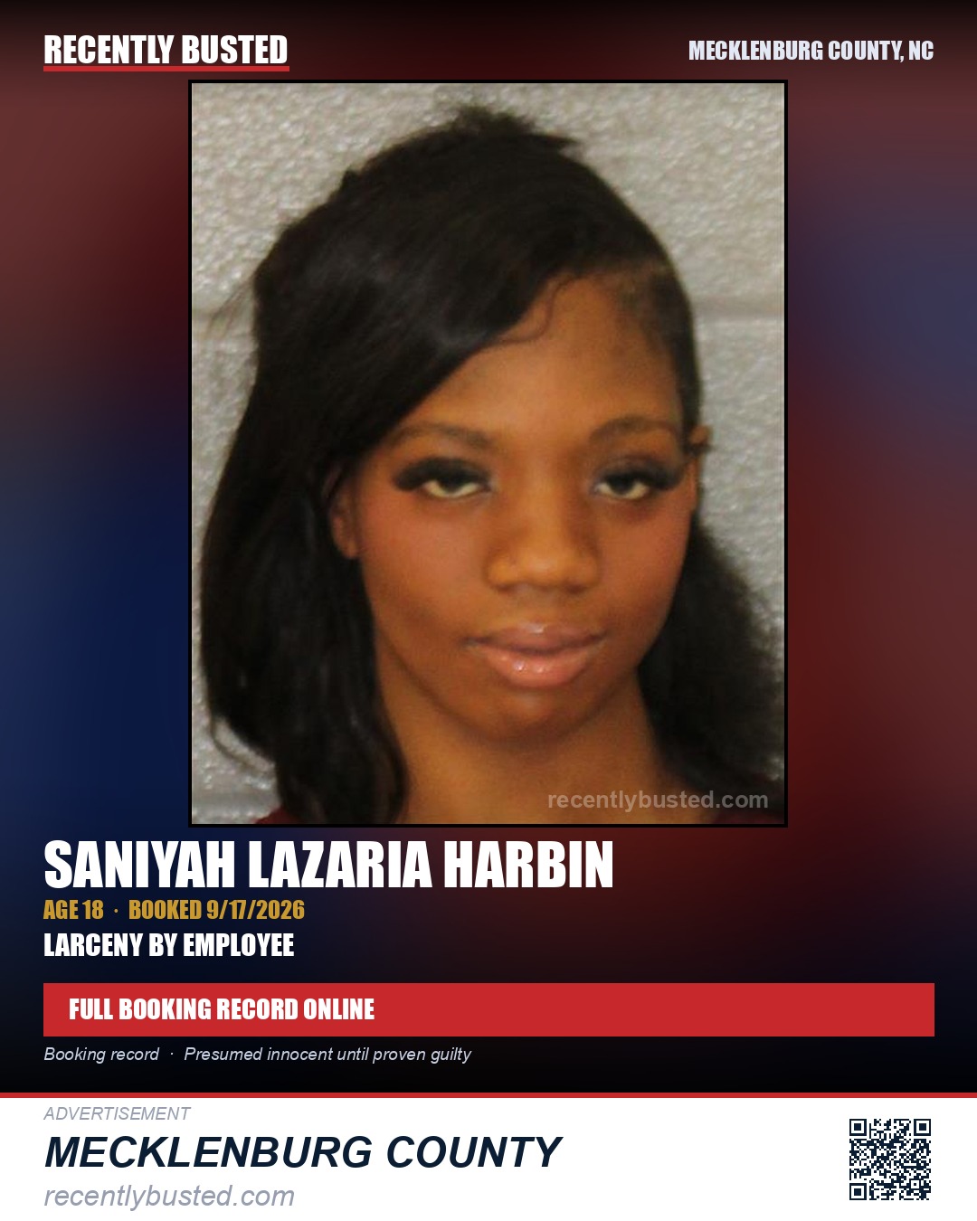 SANIYAH LAZARIA HARBIN — arrest record card, Mecklenburg County, North Carolina