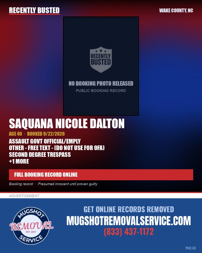 SAQUANA NICOLE DALTON — arrest record card, Wake County, North Carolina