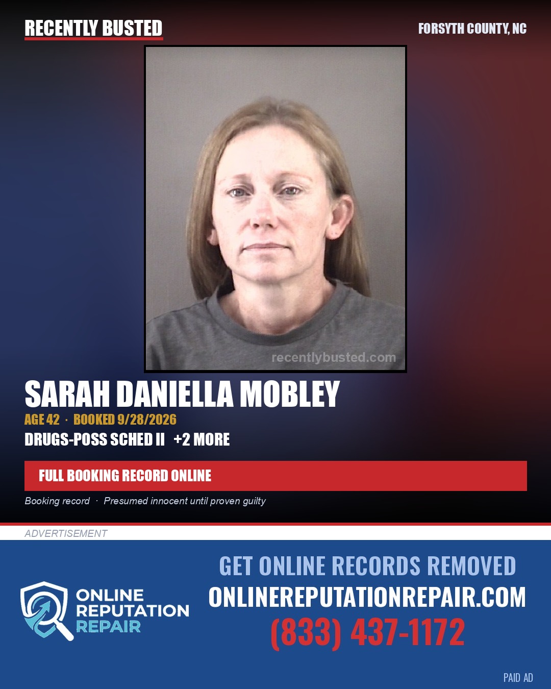 SARAH DANIELLA MOBLEY — arrest record card, Forsyth County, North Carolina