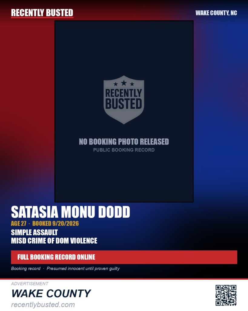 SATASIA MONU DODD — arrest record card, Wake County, North Carolina