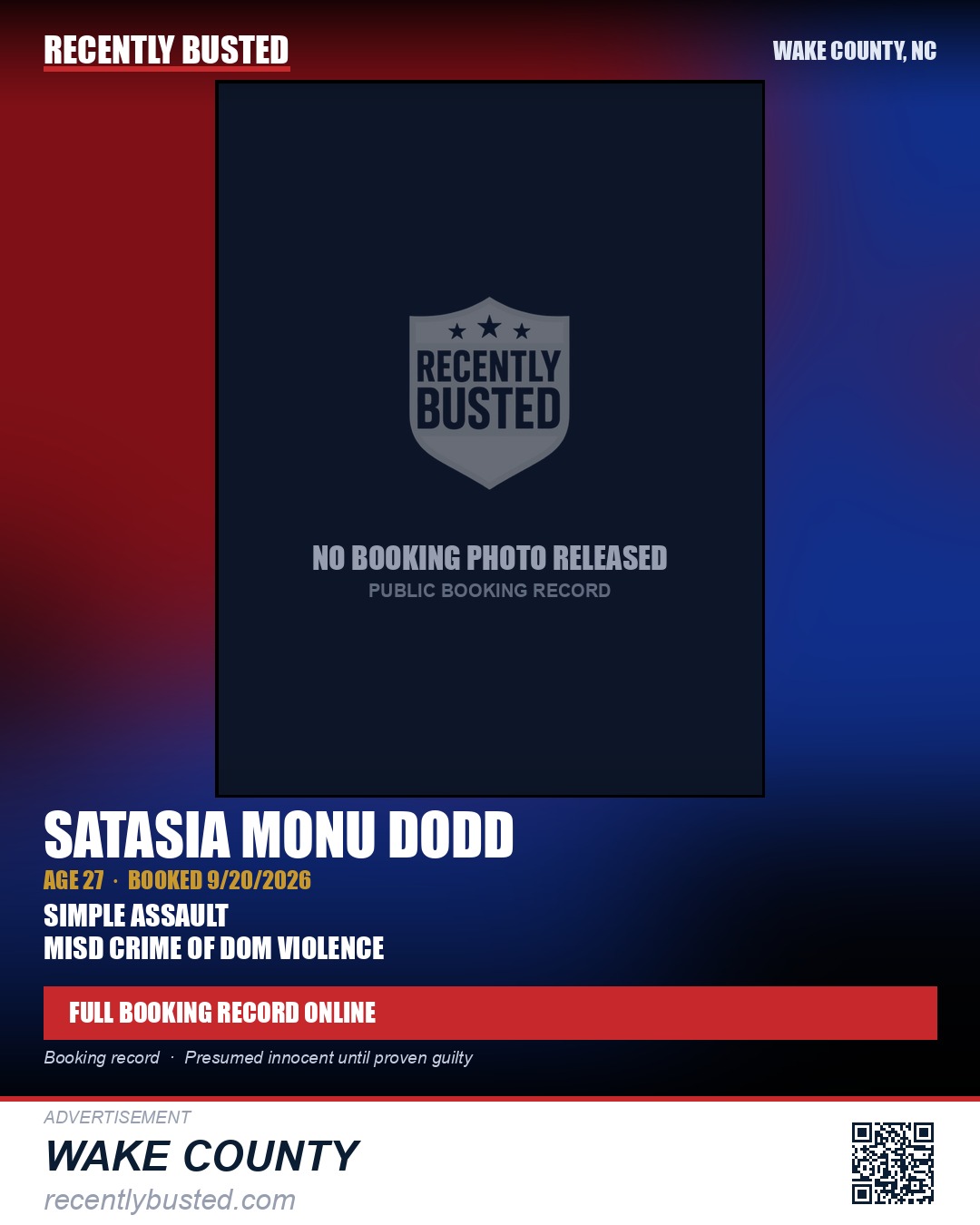 SATASIA MONU DODD — arrest record card, Wake County, North Carolina