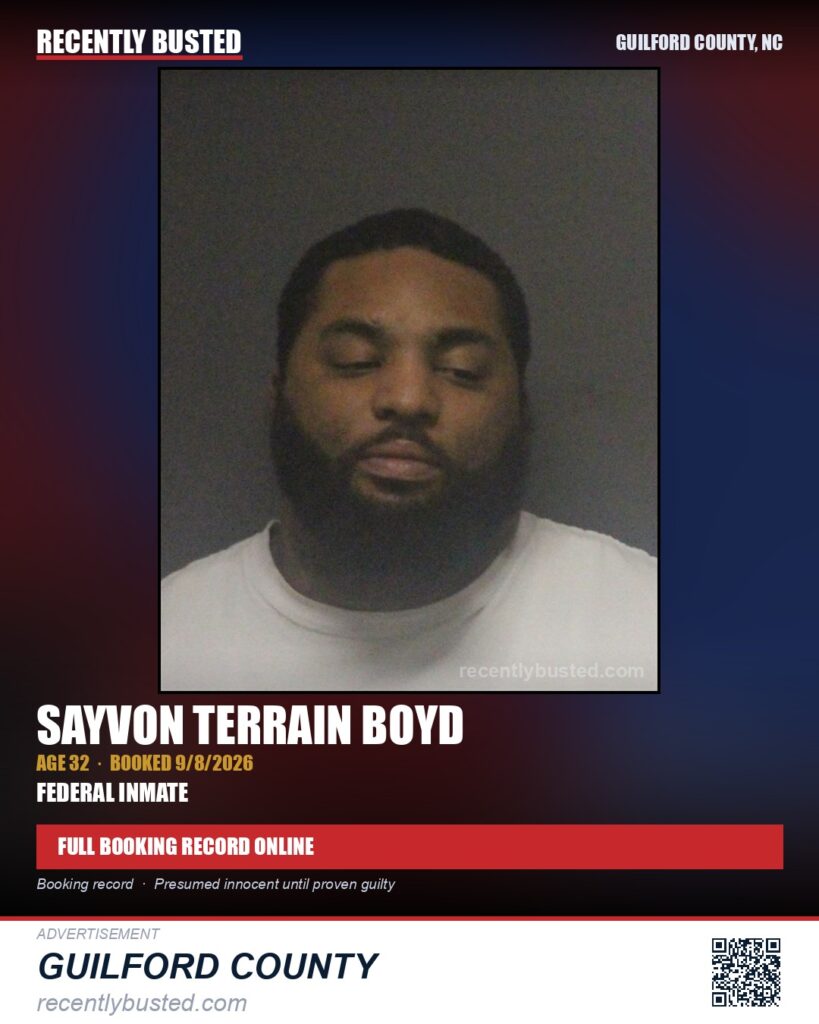 SAYVON TERRAIN BOYD — arrest record card, Guilford County, North Carolina