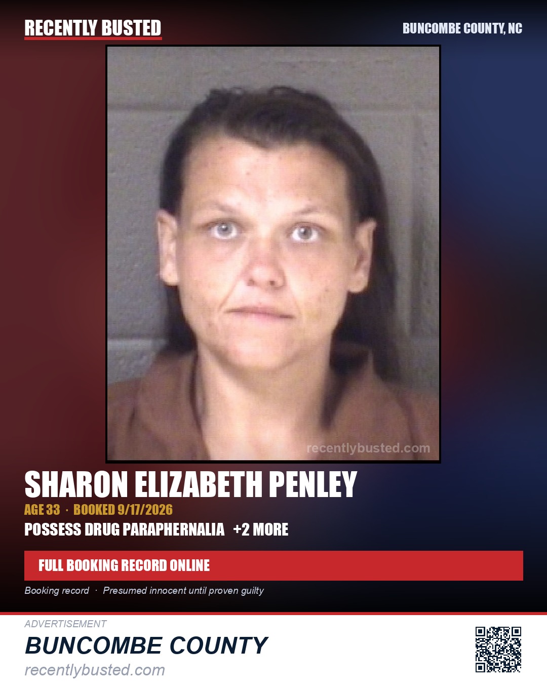 SHARON ELIZABETH PENLEY — arrest record card, Buncombe County, North Carolina