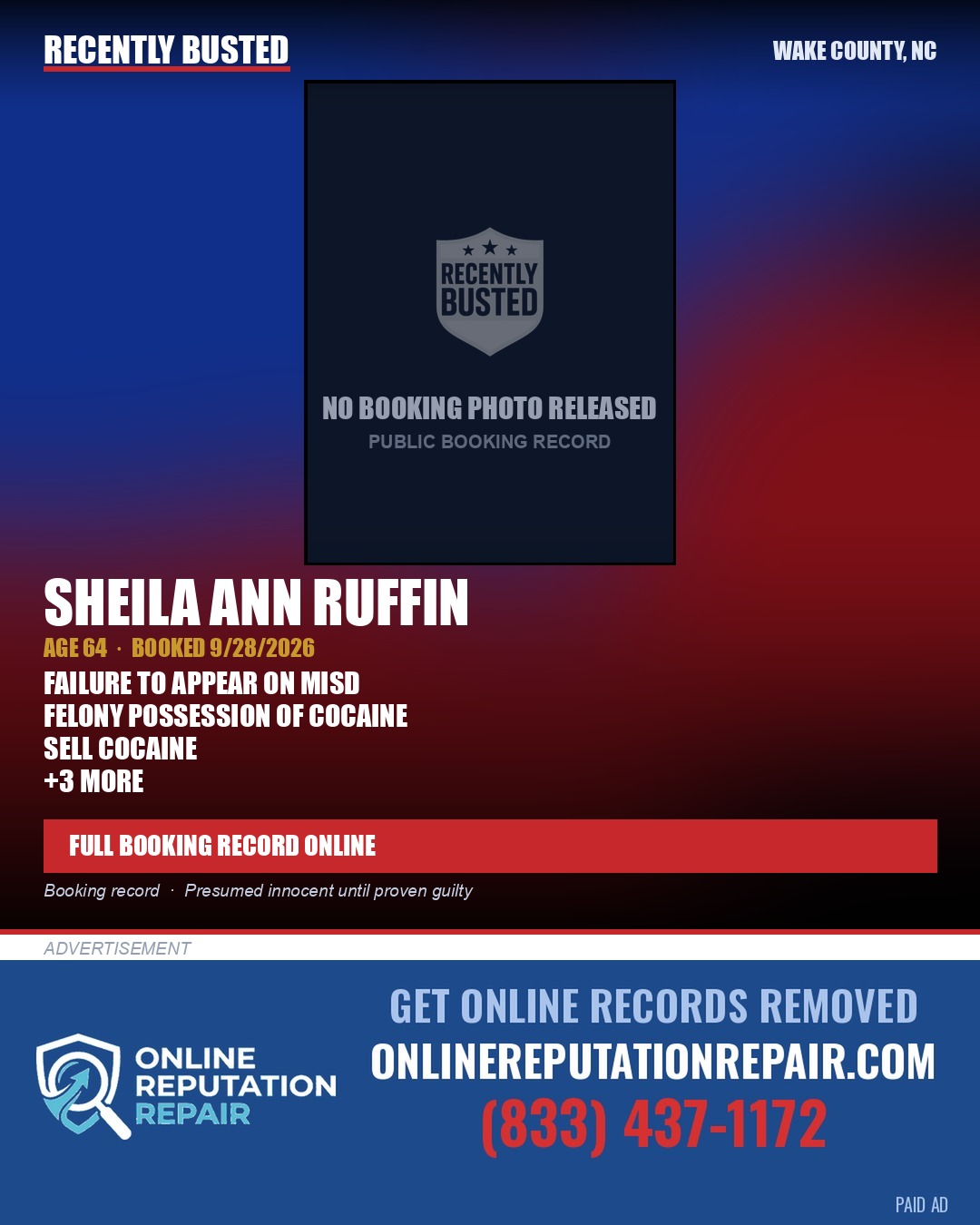 SHEILA ANN RUFFIN — arrest record card, Wake County, North Carolina