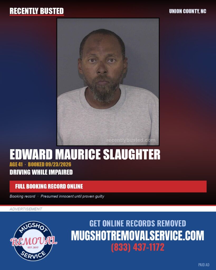 SLAUGHTER, EDWARD MAURICE — arrest record card, Union County, North Carolina