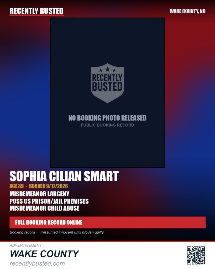 SOPHIA CILIAN SMART — arrest record card, Wake County, North Carolina