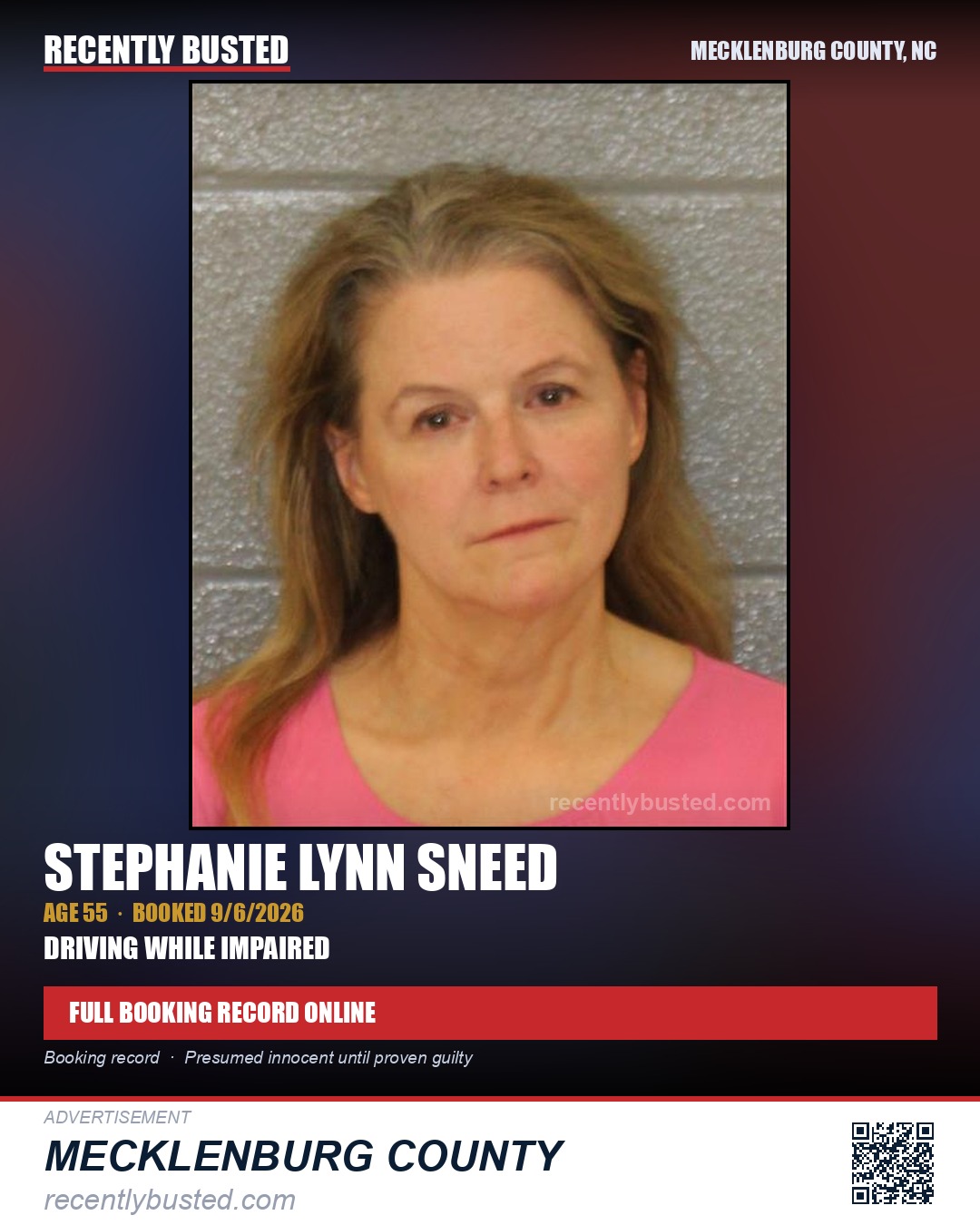 STEPHANIE LYNN SNEED — arrest record card, Mecklenburg County, North Carolina