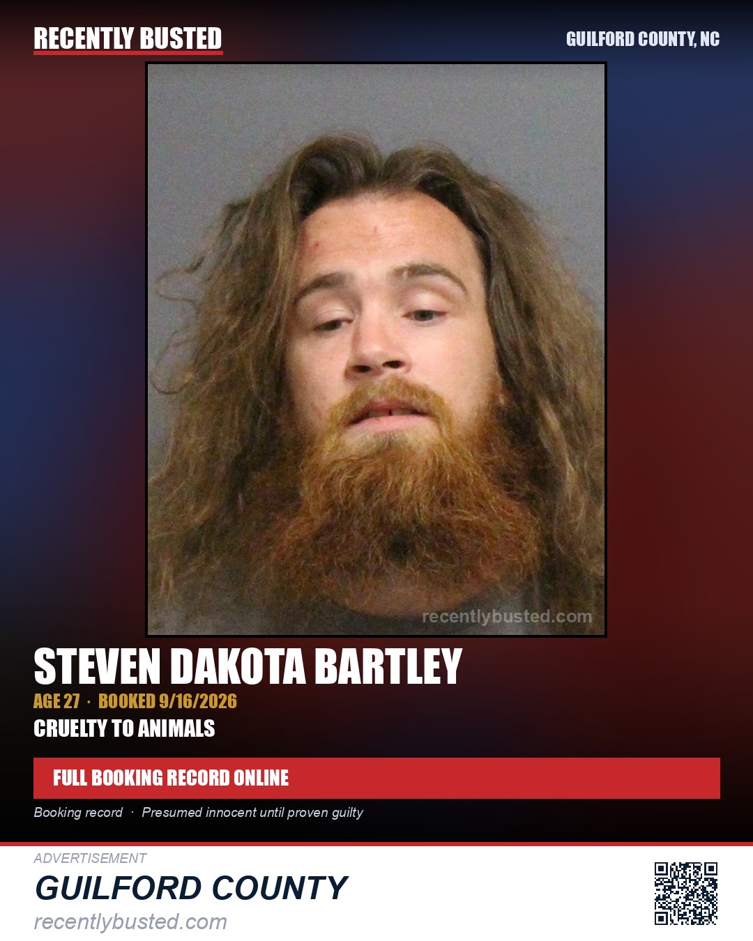 STEVEN DAKOTA BARTLEY — arrest record card, Guilford County, North Carolina