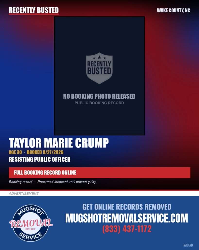 TAYLOR MARIE CRUMP — arrest record card, Wake County, North Carolina