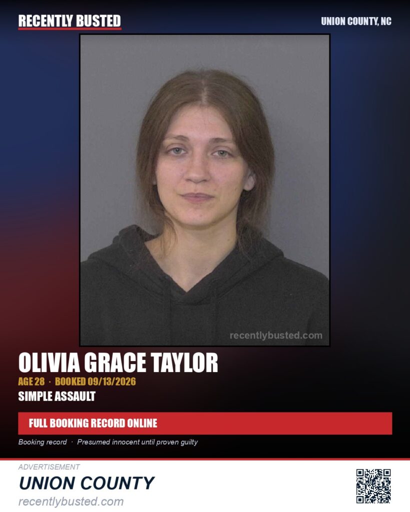 TAYLOR, OLIVIA GRACE — arrest record card, Union County, North Carolina