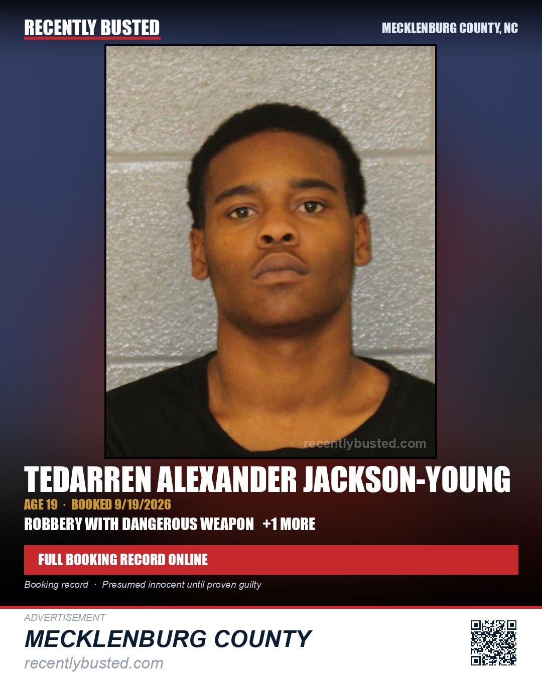 TEDARREN ALEXANDER JACKSON-YOUNG — arrest record card, Mecklenburg County, North Carolina