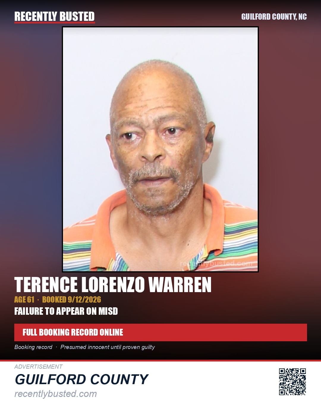 TERENCE LORENZO WARREN — arrest record card, Guilford County, North Carolina