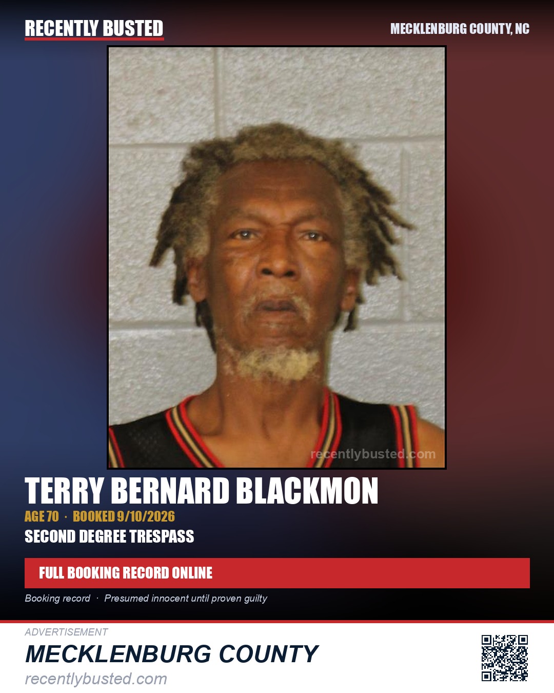 TERRY BERNARD BLACKMON — arrest record card, Mecklenburg County, North Carolina