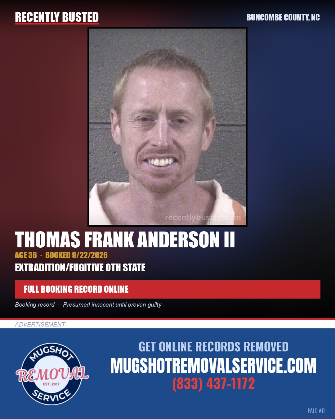 THOMAS FRANK ANDERSON II — arrest record card, Buncombe County, North Carolina