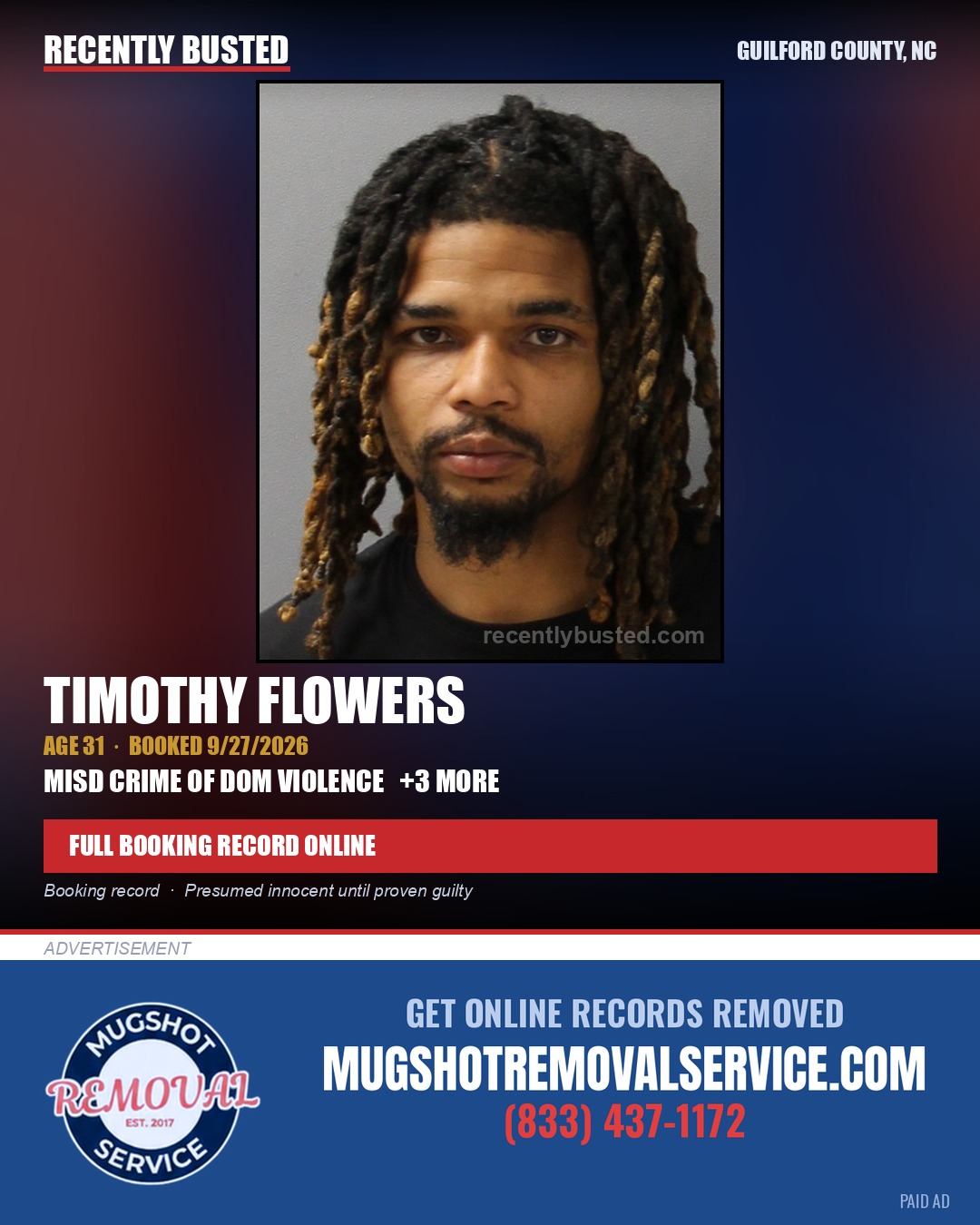 TIMOTHY FLOWERS — arrest record card, Guilford County, North Carolina