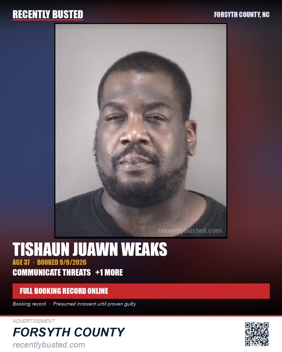 TISHAUN JUAWN WEAKS — arrest record card, Forsyth County, North Carolina