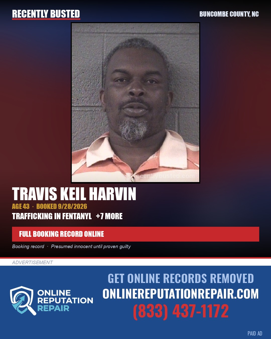 TRAVIS KEIL HARVIN — arrest record card, Buncombe County, North Carolina
