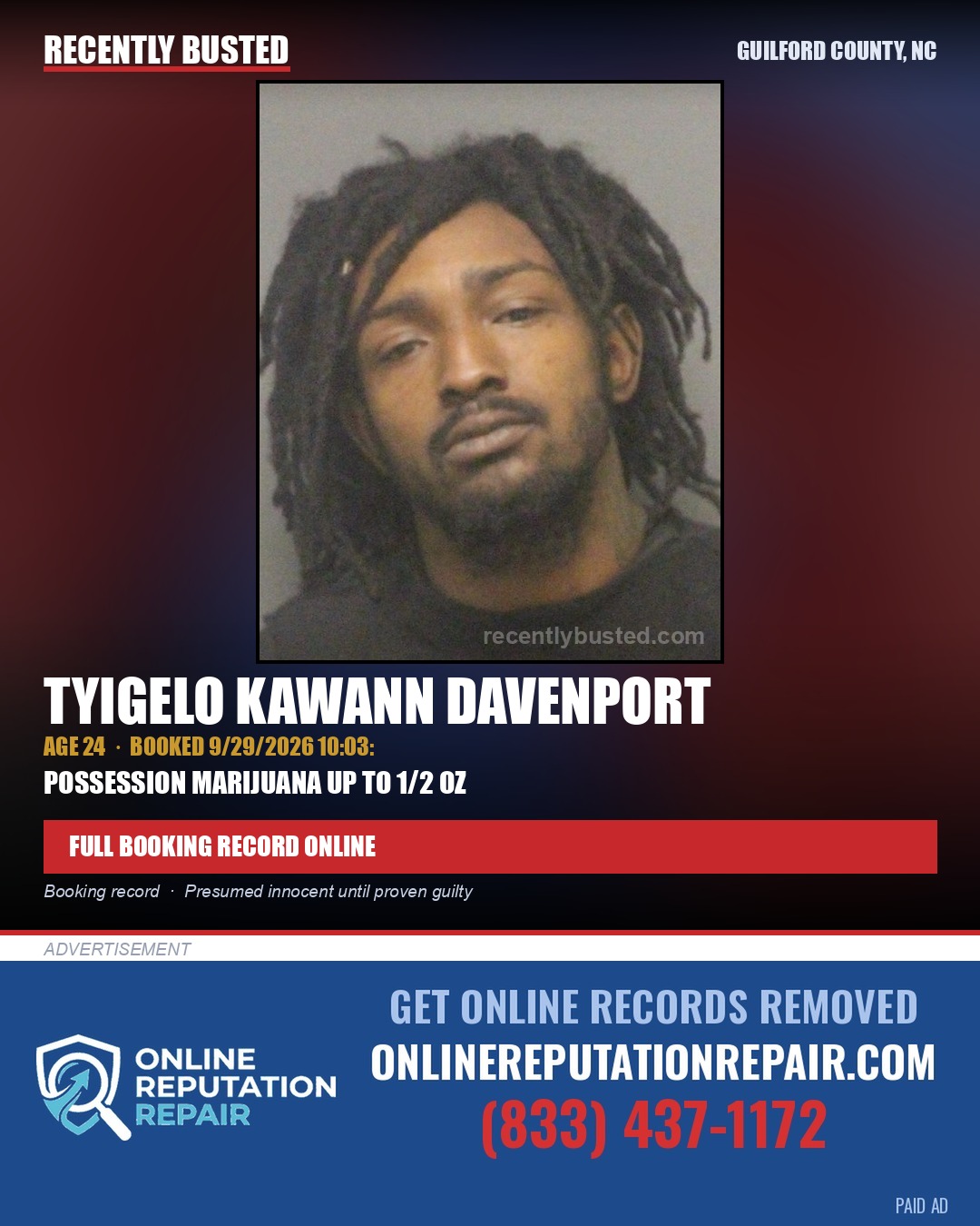 TYIGELO KAWANN DAVENPORT — arrest record card, Guilford County, North Carolina