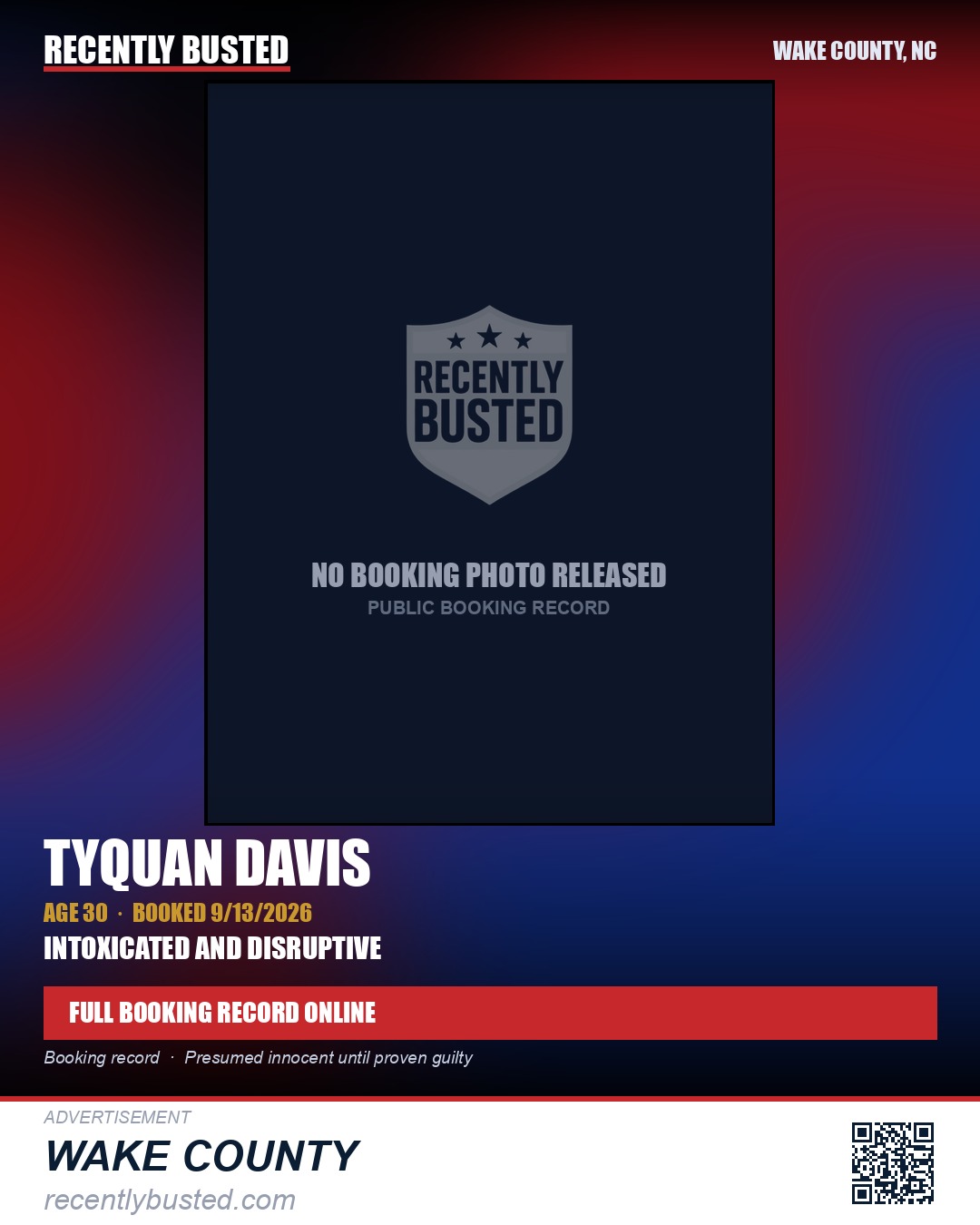 TYQUAN DAVIS — arrest record card, Wake County, North Carolina
