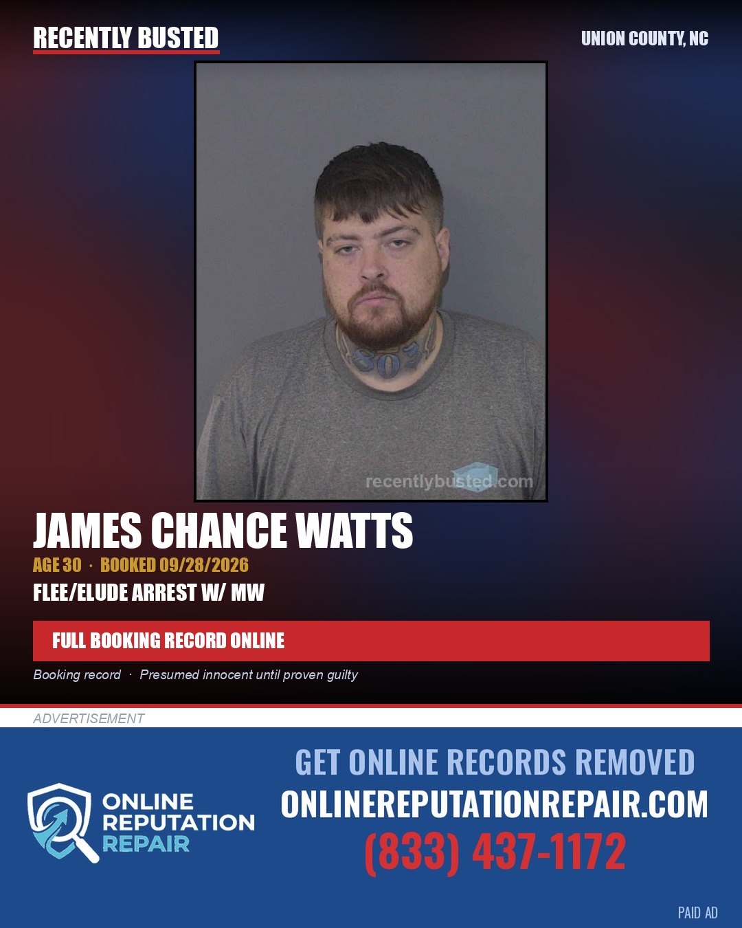WATTS, JAMES CHANCE — arrest record card, Union County, North Carolina