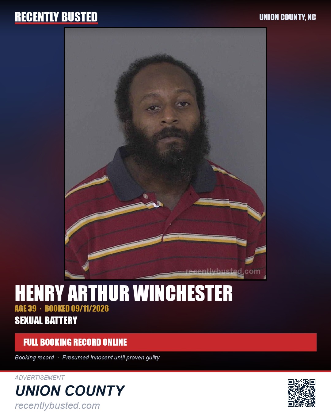 WINCHESTER, HENRY ARTHUR — arrest record card, Union County, North Carolina