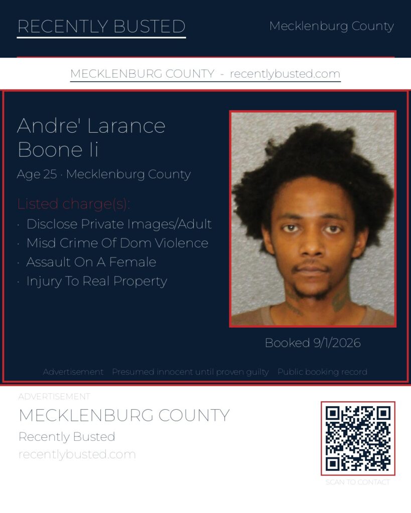 ANDRE’ LARANCE BOONE II — arrest record card, Mecklenburg County, North Carolina