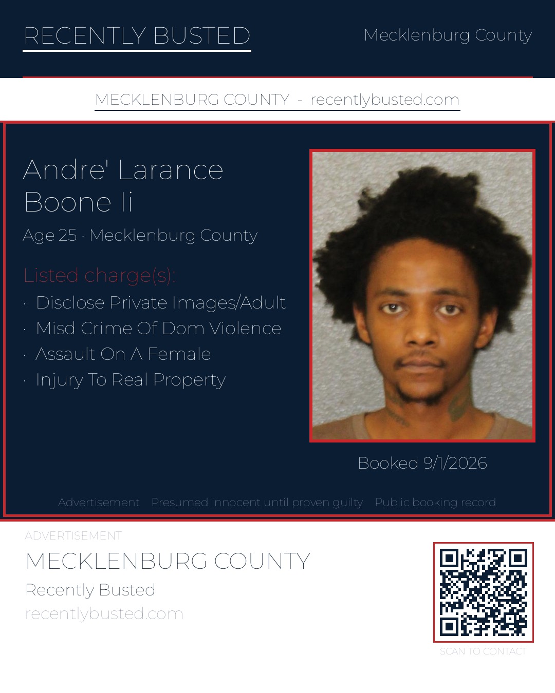 ANDRE' LARANCE BOONE II — arrest record card, Mecklenburg County, North Carolina