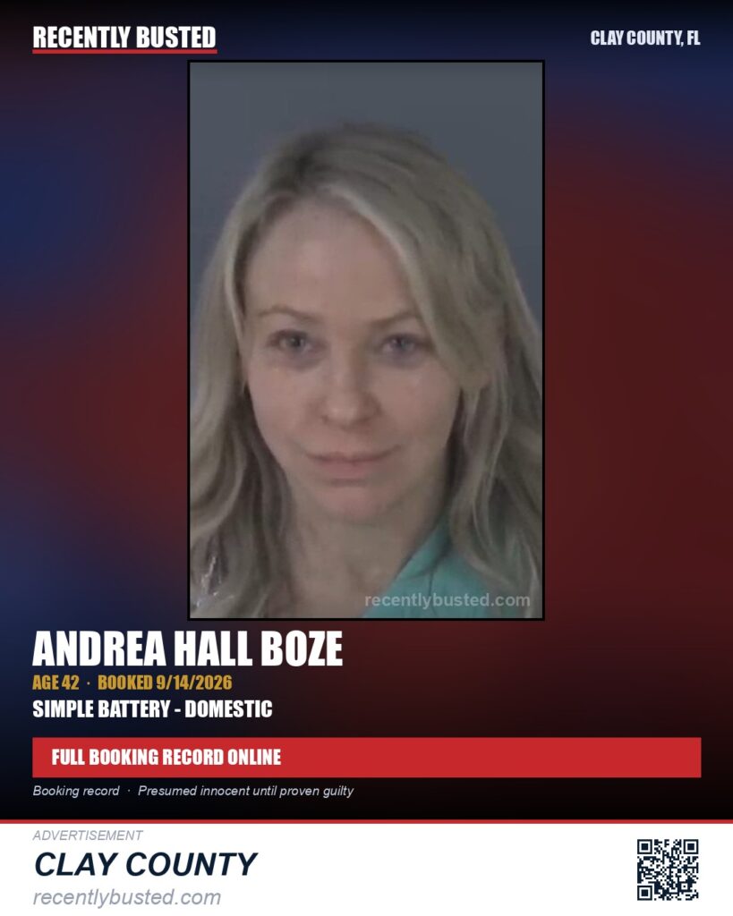 ANDREA HALL BOZE — arrest record card, Clay County, Florida