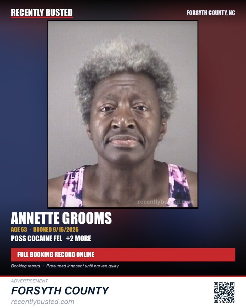 ANNETTE GROOMS — arrest record card, Forsyth County, North Carolina