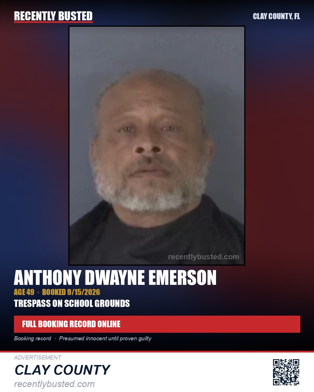 ANTHONY DWAYNE EMERSON — arrest record card, Clay County, Florida