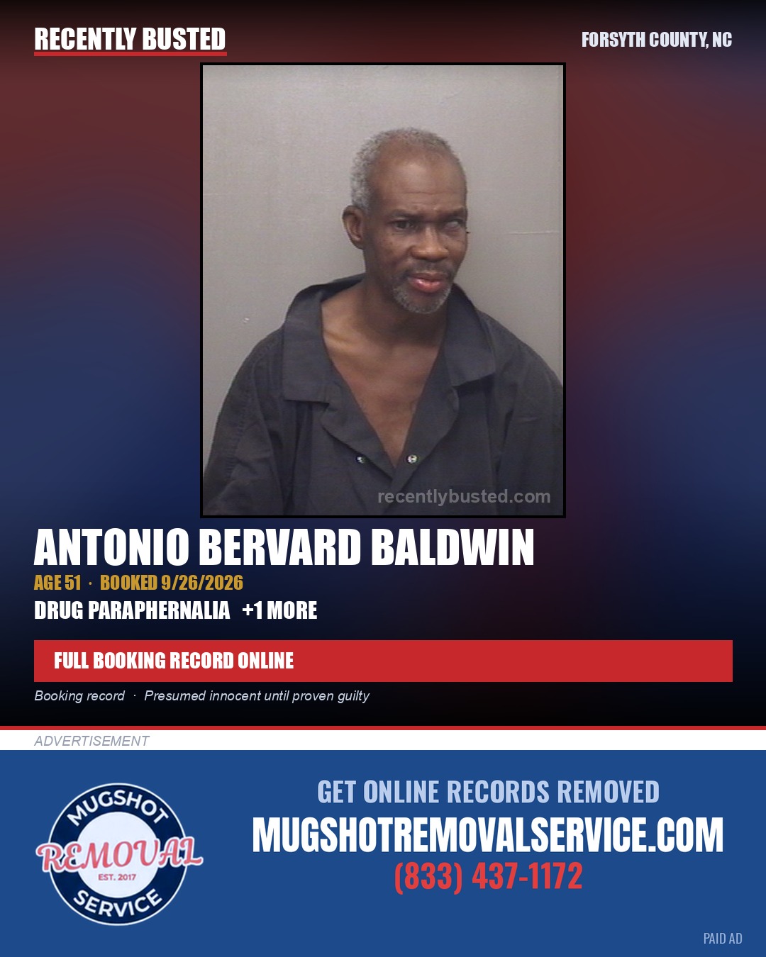 ANTONIO BERVARD BALDWIN — arrest record card, Forsyth County, North Carolina