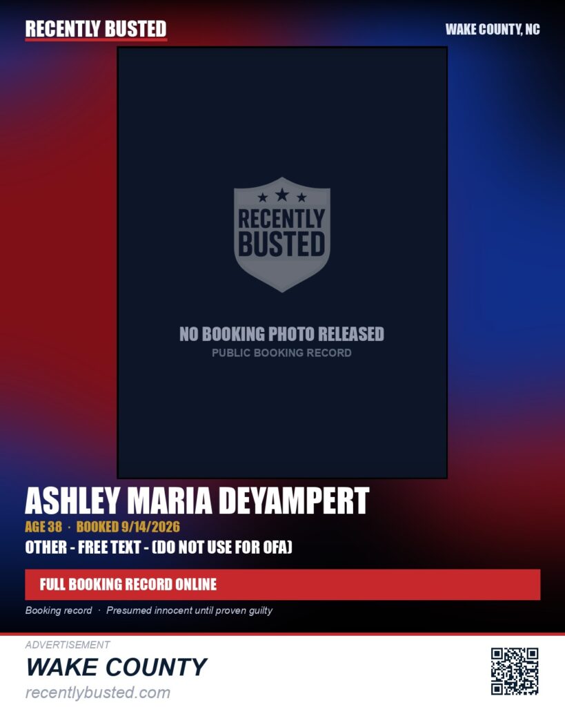 ASHLEY MARIA DEYAMPERT — arrest record card, Wake County, North Carolina