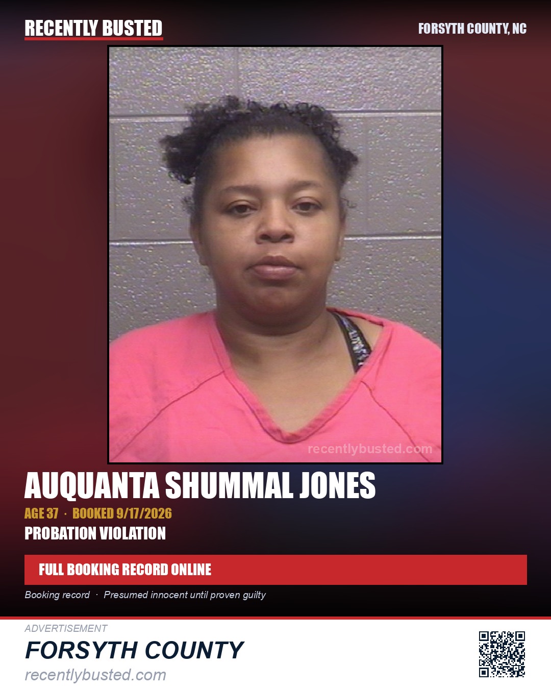 AUQUANTA SHUMMAL JONES — arrest record card, Forsyth County, North Carolina