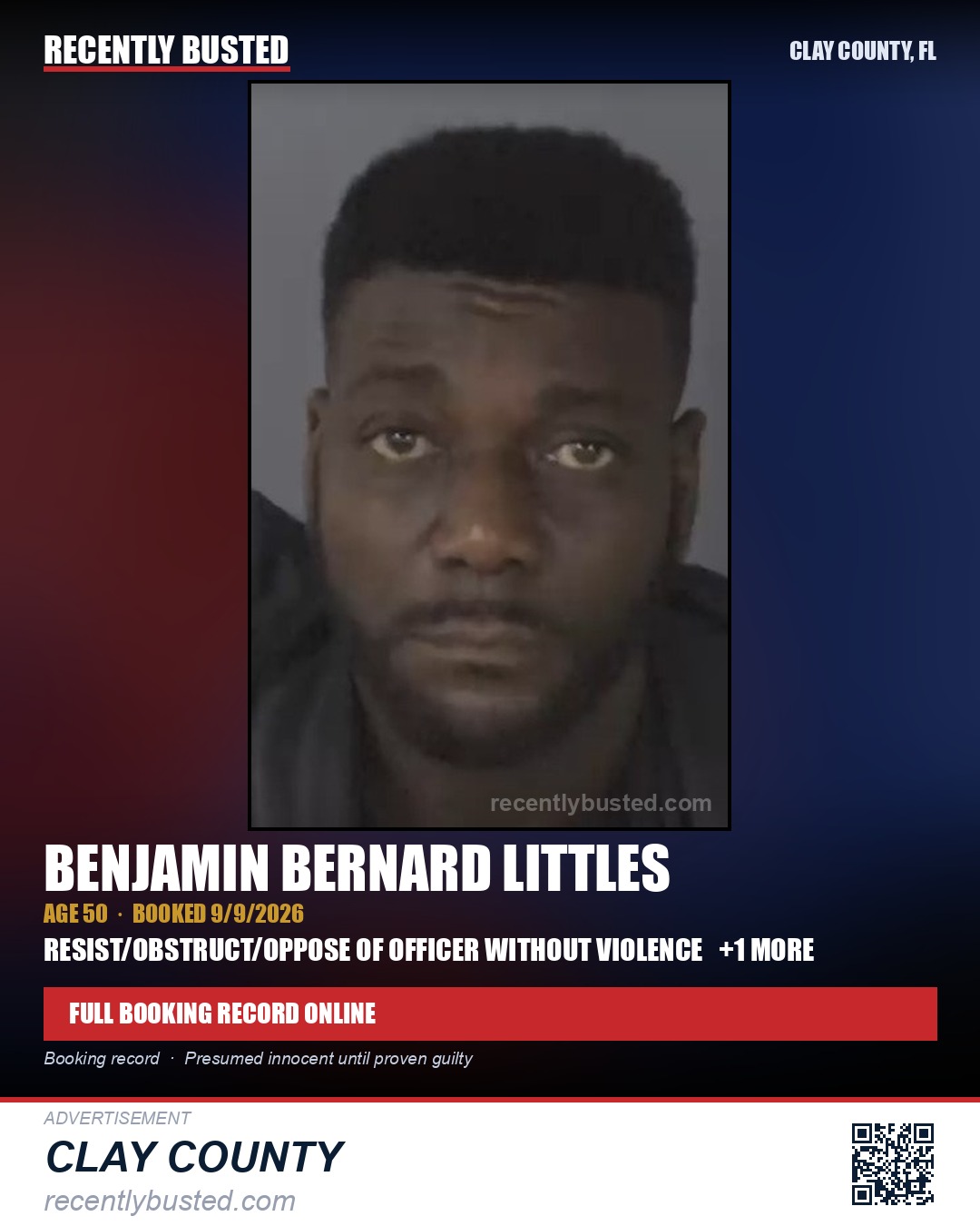 BENJAMIN BERNARD LITTLES — arrest record card, Clay County, Florida