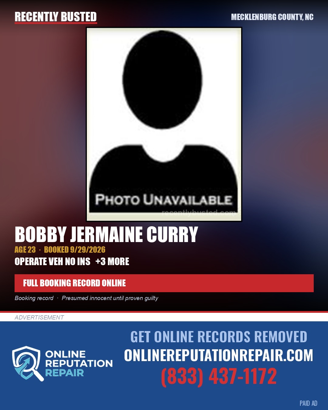 BOBBY JERMAINE CURRY — arrest record card, Mecklenburg County, North Carolina