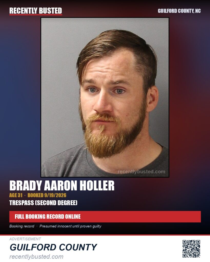 BRADY AARON HOLLER — arrest record card, Guilford County, North Carolina