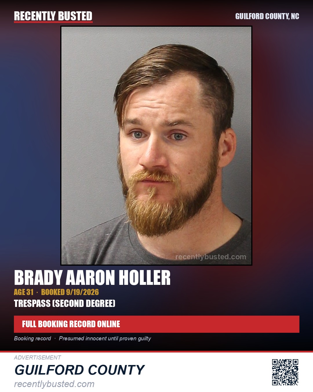 BRADY AARON HOLLER — arrest record card, Guilford County, North Carolina
