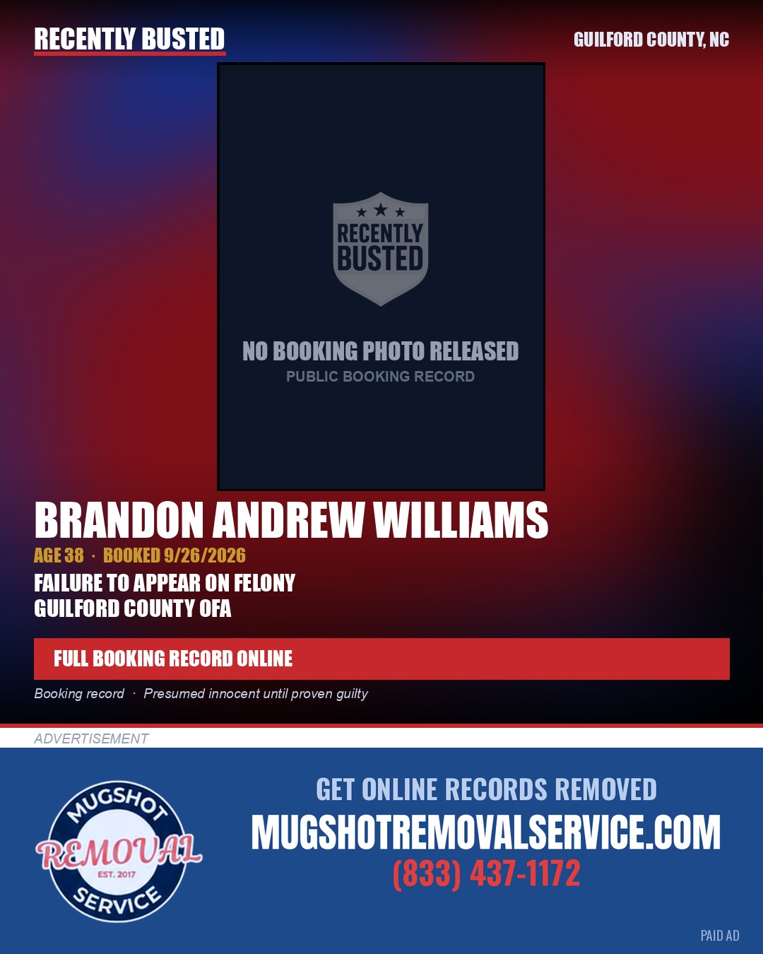 BRANDON ANDREW WILLIAMS — arrest record card, Guilford County, North Carolina