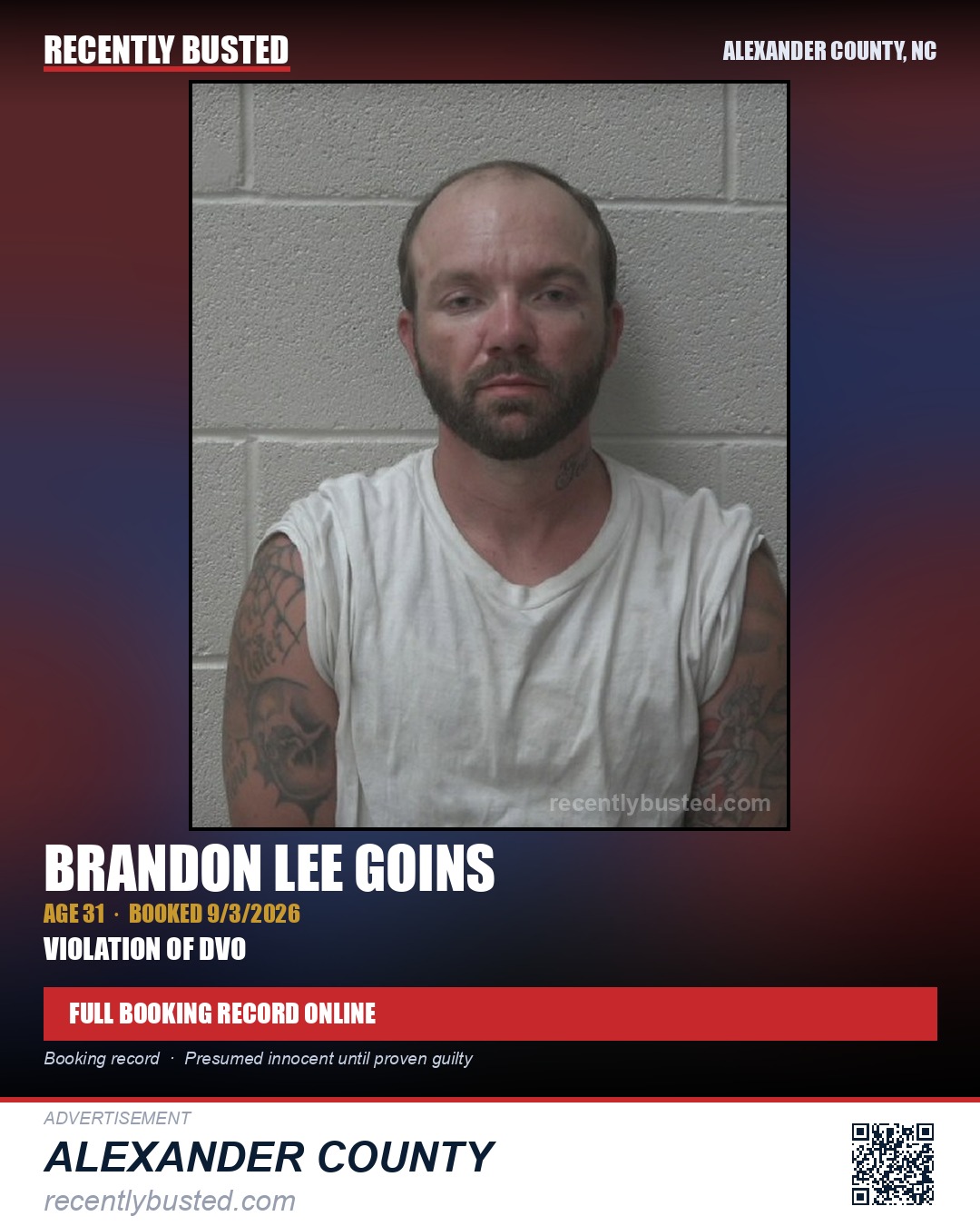 BRANDON LEE GOINS — arrest record card, Alexander County, North Carolina