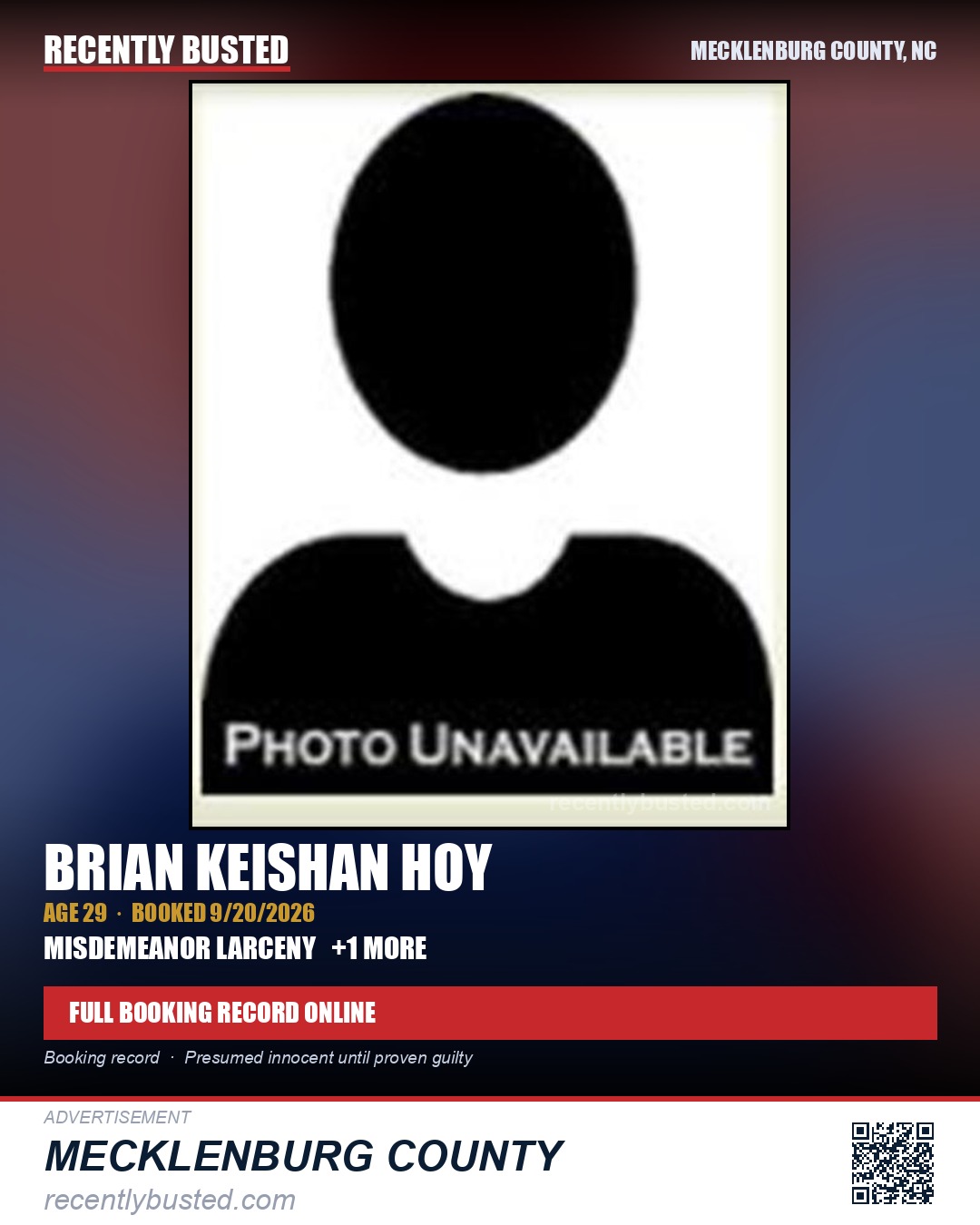 BRIAN KEISHAN HOY — arrest record card, Mecklenburg County, North Carolina