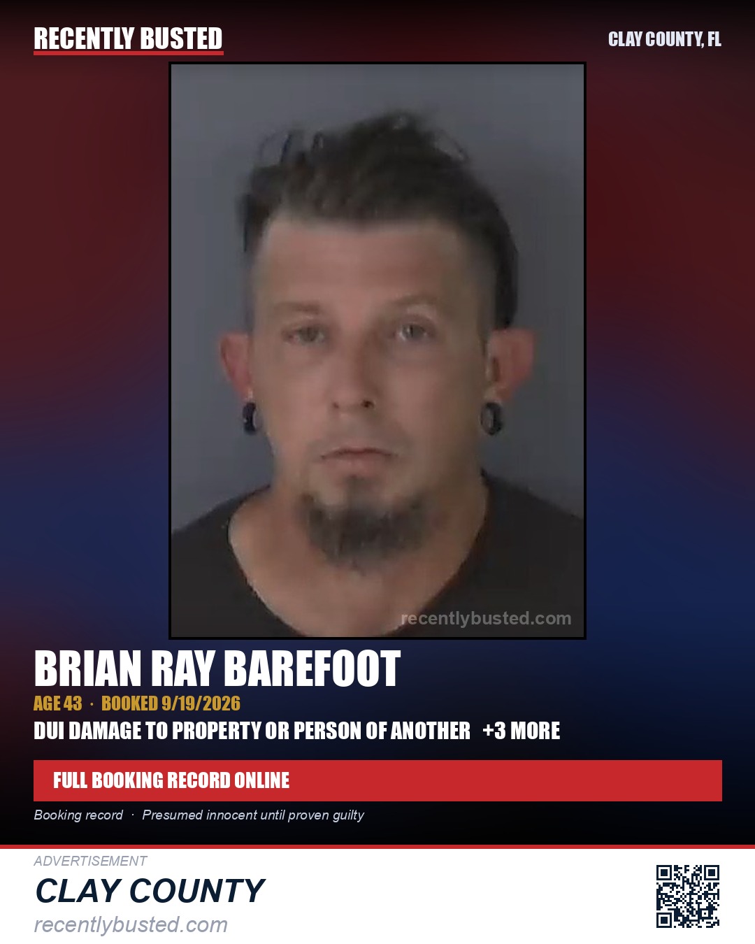 BRIAN RAY BAREFOOT — arrest record card, Clay County, Florida