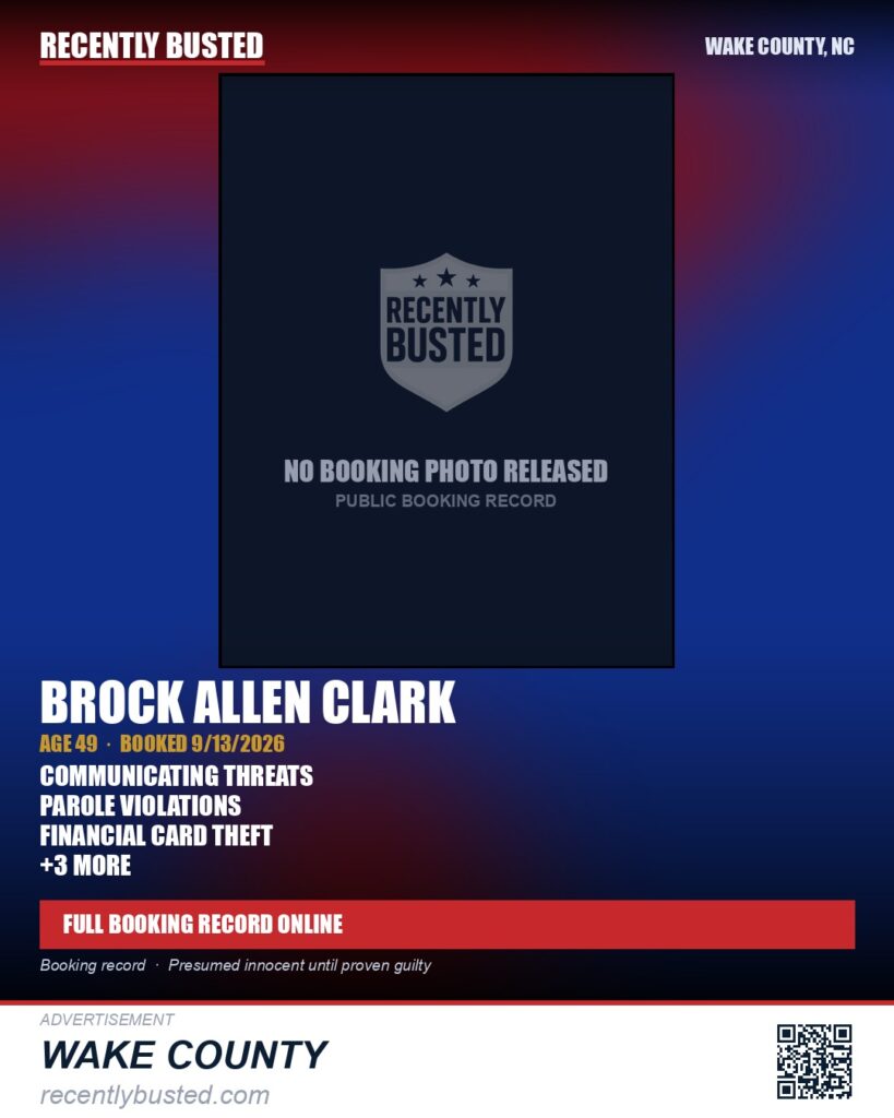 BROCK ALLEN CLARK — arrest record card, Wake County, North Carolina