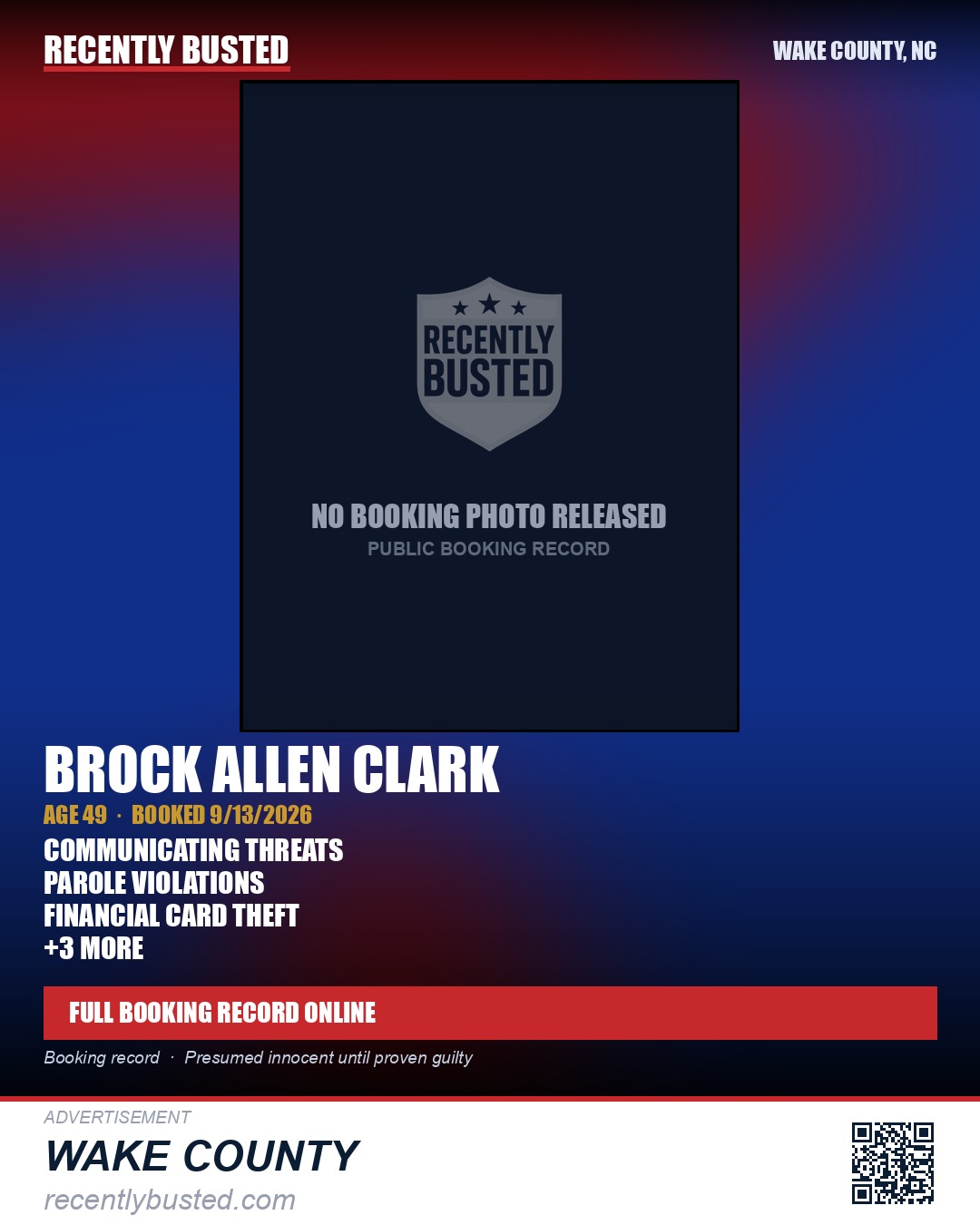 BROCK ALLEN CLARK — arrest record card, Wake County, North Carolina