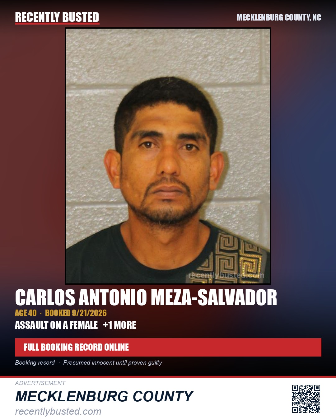 CARLOS ANTONIO MEZA-SALVADOR — arrest record card, Mecklenburg County, North Carolina