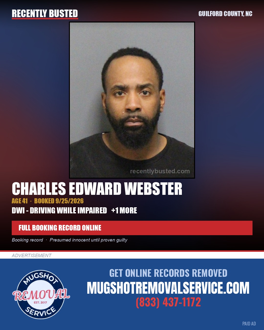 CHARLES EDWARD WEBSTER — arrest record card, Guilford County, North Carolina